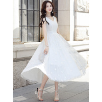 丝柏舍2019年夏季女装修身大摆长款纯色V领连衣裙S82R1383L