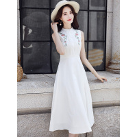 丝柏舍2019夏装女绣花收腰修身气质简约长款连衣裙S82R1370L