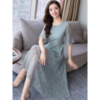 丝柏舍2019夏装女纯色圆领喇叭袖淑女中长款连衣裙S82R2097L