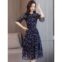 丝柏舍2019夏装女装系带圆领中袖收腰印花连衣裙S82R1752L