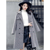 丝柏舍2019冬装女格子翻领宽松休闲中长款毛呢外套S74R0443D