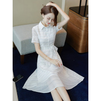 丝柏舍2019女夏装翻领冷淡风条纹雪纺连衣裙S92B0148L