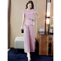 丝柏舍2019夏季纯色圆领短袖上衣搭收腰阔腿裤套装S92B0301N