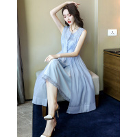 丝柏舍夏装女2019无袖简约式蕾丝系扣中长款连衣裙S92B0584L