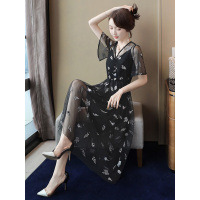 丝柏舍2019夏季V领蕾丝绣花外裙搭吊带中长款连衣裙S92R0855L