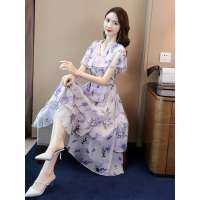 丝柏舍2019夏季女韩版V领短袖显瘦碎花中长款连衣裙S92R0635L