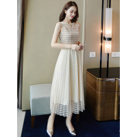 丝柏舍2019夏季女收腰a字网纱纯色无袖蕾丝连衣裙S92R0237L