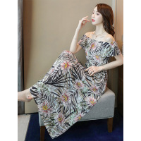丝柏舍2019夏女复古港味收腰修身一字领碎花连衣裙S92R0597L