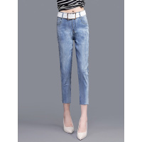 丝柏舍2019夏装拼接收腰修身休闲七分牛仔裤女S92T2162K