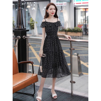 丝柏舍2019夏季一字肩波点修身中长款吊带连衣裙女S92R2161L
