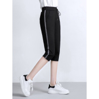 丝柏舍2019夏装女收腰条纹拼接修身显瘦七分休闲裤S92S0036K