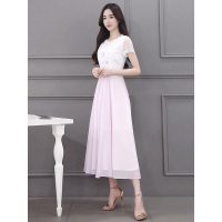 丝柏舍2019夏季女甜美短袖纯色绣花圆领中长款连衣裙S82R0524L