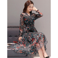 丝柏舍2019女装秋装印花V领修身不规则中长款连衣裙S81R0162L