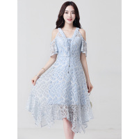 丝柏舍女士2019夏季纯色V领系带气质中长荷叶边连衣裙S82R0440L
