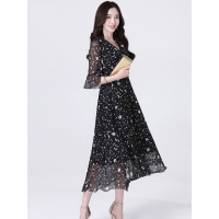 丝柏舍2019年秋季气质印花喇叭袖收腰长款连衣裙S81R0217L