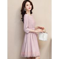 丝柏舍2019女装秋装圆领七分袖纯色系带修身连衣裙S81R0364L