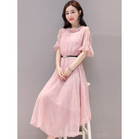 丝柏舍2018夏女纯色圆领肩部镂空腰带中长款连衣裙S82R1928L