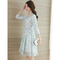 丝柏舍2019女装秋装印花圆领七分袖收腰中款连衣裙S81R0387L