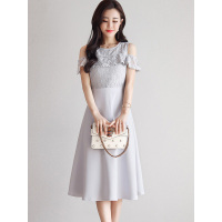 丝柏舍夏装连衣裙2019女圆领蕾丝拼接露肩袖修身S82R0427L