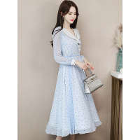 丝柏舍2019流行女装秋波点印花长袖淑女中长款连衣裙S81R0951L