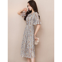 丝柏舍2019夏装系带领口收腰碎花百褶中长连衣裙女S82B0080L