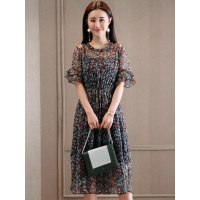 丝柏舍2019夏装女韩版时尚圆领喇叭袖中长款连衣裙S82R0043L