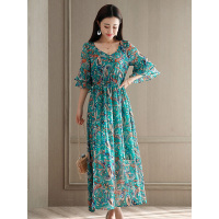 丝柏舍2019夏装V领五分喇叭袖印花沙滩长款连衣裙女S82R0049L