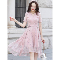 丝柏舍2019年夏季V领短袖田园印花飘逸连衣裙S82R1095L