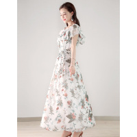 丝柏舍2019年夏季女装一字肩长款花瓣袖碎花连衣裙S82R0570L