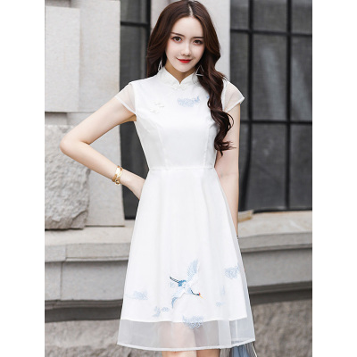 丝柏舍2019夏装女装立领中国风短袖网纱拼接连衣裙S82R0822L