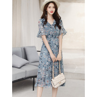 丝柏舍2019夏中袖印花收腰气质中长款大摆飘逸连衣裙S82R0761L