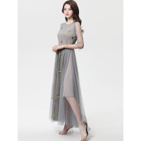 丝柏舍2019夏女士气质圆领七分袖简约长款大摆连衣裙S82R0653L