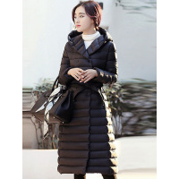 丝柏舍2019冬装女装时尚修身连帽细条纹长款纯色羽绒服036866