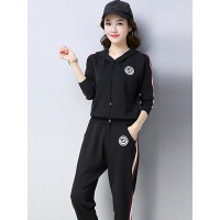 丝柏舍2019秋冬女装简约长袖条纹拼色连帽上衣搭休闲长裤运动风套装S83S0032N