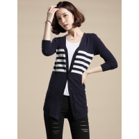 丝柏舍2019秋装女装时尚条纹单排扣中长款针织开衫042204