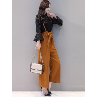 丝柏舍2019新款女装套装秋装蕾丝上衣搭背带阔腿裤S83R0017N