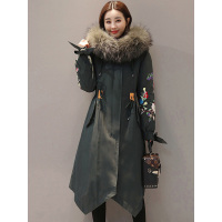 丝柏舍冬装女2019毛领复古森系绣花抽绳中长款棉衣S84R1010H