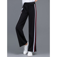 丝柏舍2019秋装女条纹拼接松紧系带腰宽松运动休闲裤S91T0392K