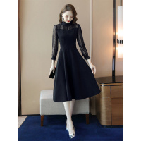 丝柏舍2019秋装女显瘦透视网纱假两件套长袖连衣裙S93B4257L