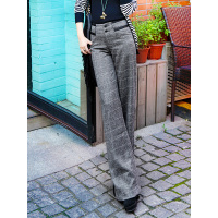 丝柏舍2019秋装女韩版宽松直筒格纹高腰OL休闲裤S93B4178K