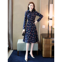 丝柏舍2019秋季翻领印花收腰显瘦中长款长袖连衣裙S93B4184L
