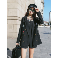 丝柏舍2019秋装拼接双排扣宽松韩版中长款西装外套S93B4197X