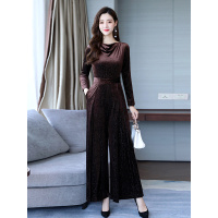 丝柏舍2019女秋装时尚气质纯色长袖高腰丝绒阔腿长款连体裤S93B4442P