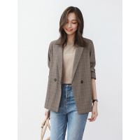 丝柏舍2019秋翻领宽松复古格子两粒扣气质小西装女S93B4200X