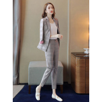 丝柏舍2019秋季女时尚翻领格纹外套搭收腰九分裤子套装S93B4418N