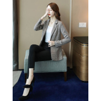 丝柏舍2019秋装韩版时尚翻领修身显瘦系扣格子西服女S93B4408X