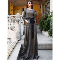 丝柏舍2019秋装女士时尚纯色修身圆领下开叉连衣裙S93B4355L