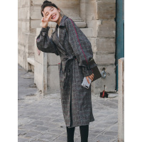 丝柏舍2019秋装女韩版时尚翻领长袖格子港风复古风衣S93B4356F