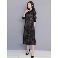 丝柏舍2019秋装复古长袖修身长袖中长款民族风连衣裙女S93B4385L