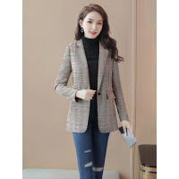 丝柏舍2019秋装女复古翻领长袖格纹一粒扣修身西装S93B4245X